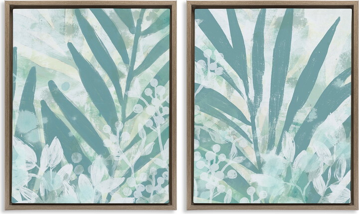 Stupell Industries Teal Palm Fronds Plants & Flowers Painting Brown Floater Framed Canvas Art Print Wall Art, 17 x 21, Set of 2