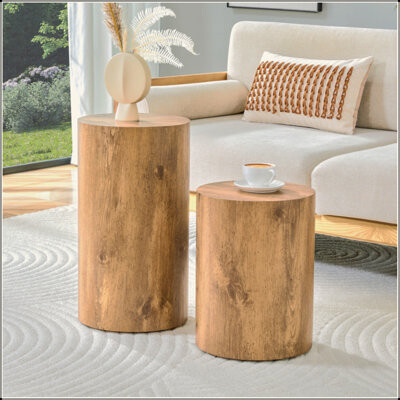 ZHONGSHANJUFU Modern Minimalist Set Of Two Wood Color Cylinder Marble-Patterned MDF Coffee Tables.The Cylindrical Table With Its Patterned Design Can Be Easily Inte
