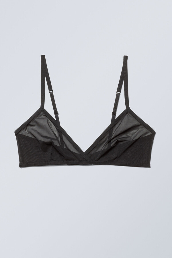 We Are We Wear flock mesh unlined bralette with ruffle trim detail in black