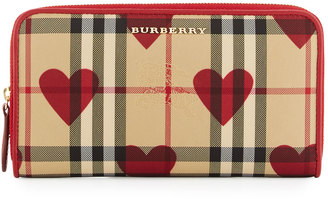 Burberry Elmore Horseferry Check & Hearts Zip-Around Wallet, Parade Red