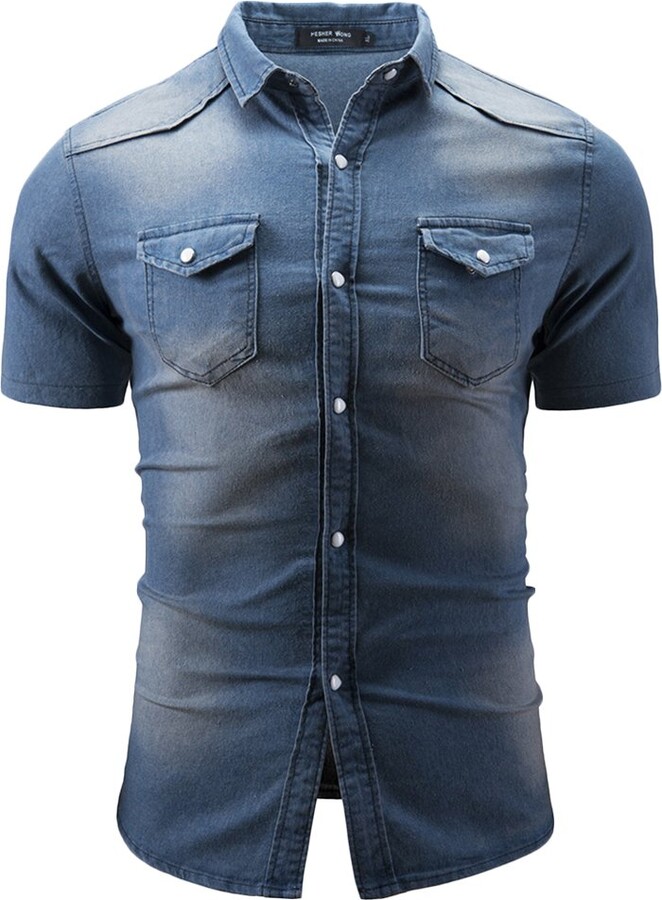 QitunC Mens Short Sleeve Denim Shirt Slim Fit TurnDown Collar Button Jean Shirts with Pockets