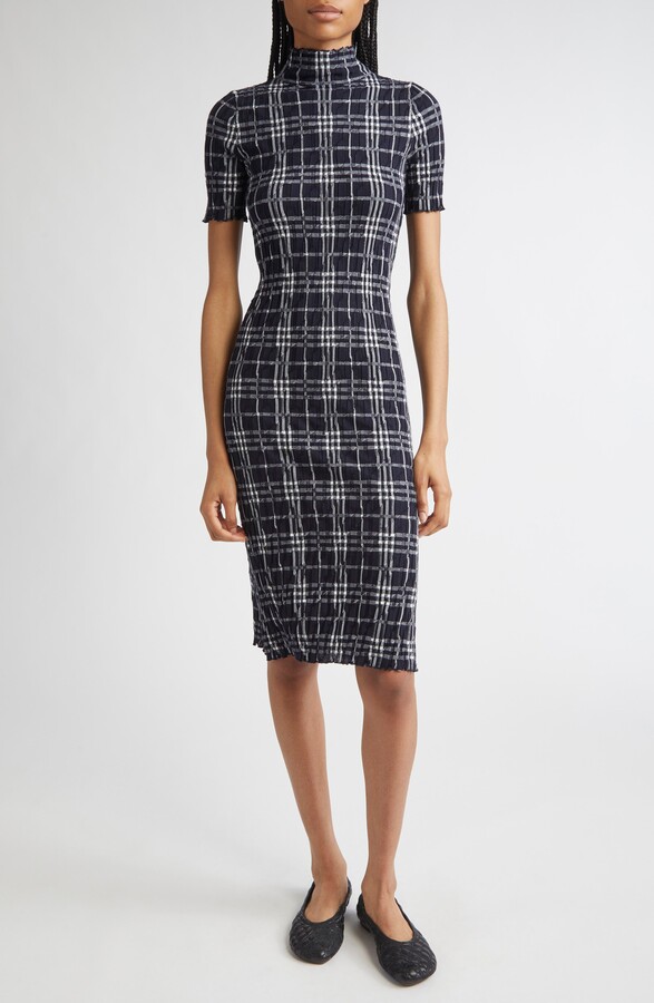 Burberry Check Turtleneck Wool Blend Dress
