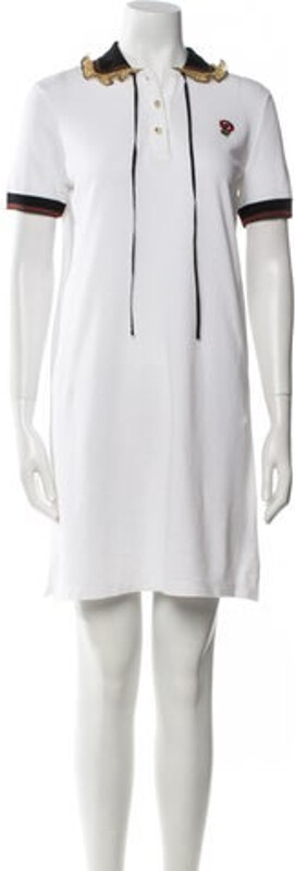 Gucci Shirtdress By Alessandro Michele White Faux Pearl Accents, Web Accent & Interlocking G Logo Ruffle Embellishment Short Sleeve with Collar Button Closure at Front Designer