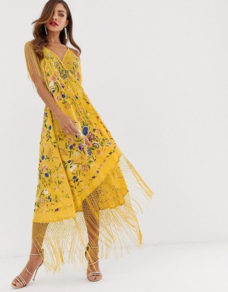ASOS EDITION strappy wrap embroidered fringe dress