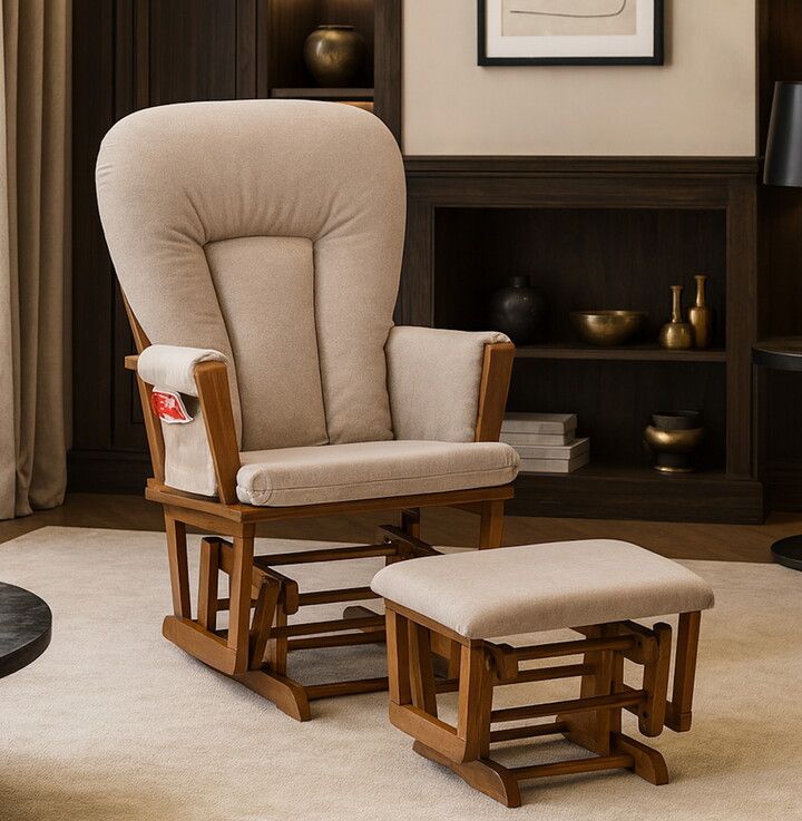 Suite Bebe Contempo Wooden Glider And Ottoman Walnut Wood and Latte Fabric