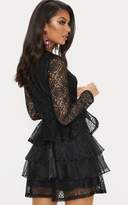 Thumbnail for your product : PrettyLittleThing Black Lace Long Sleeve Tiered Skater Dress