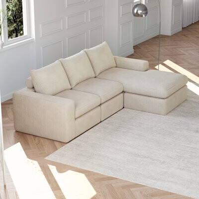 LIYU 99-Inch L-Shaped Corduroy Sectional Sofa With Chaise And Three Pillows, No Assembly Required, Perfect For Living Room And Bedroom