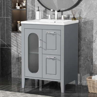 24" Bathroom Vanity With Sink, Two Drawers And Door, Adjustable Shelf, Solid Wood And MDF