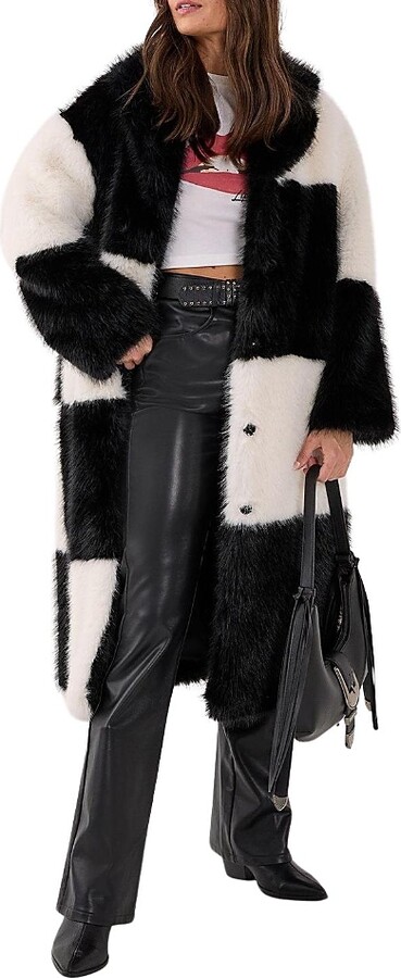 Nasty Gal Mono Check Faux Fur Coat