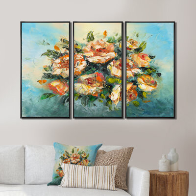 Red Barrel Studio Vintage Flowers Bouquet Of Dark Pink Flowers - 3 Piece Picture Frame Painting on Canvas