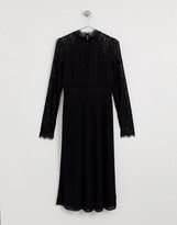Thumbnail for your product : TFNC Tall Bridesmaid high neck long sleeve pleated midi dress with lace inserts in black