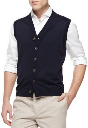 Brunello Cucinelli Button-Front Cardigan Vest, Navy
