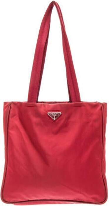 Prada Tote Rosso Tessuto Tessuto Nylon & Enameled Metal Triangle Silver-Tone Hardware Dual Shoulder Straps Leather Trim Embellishment Logo Jacquard Lining & Dual Interior Pockets Open Top