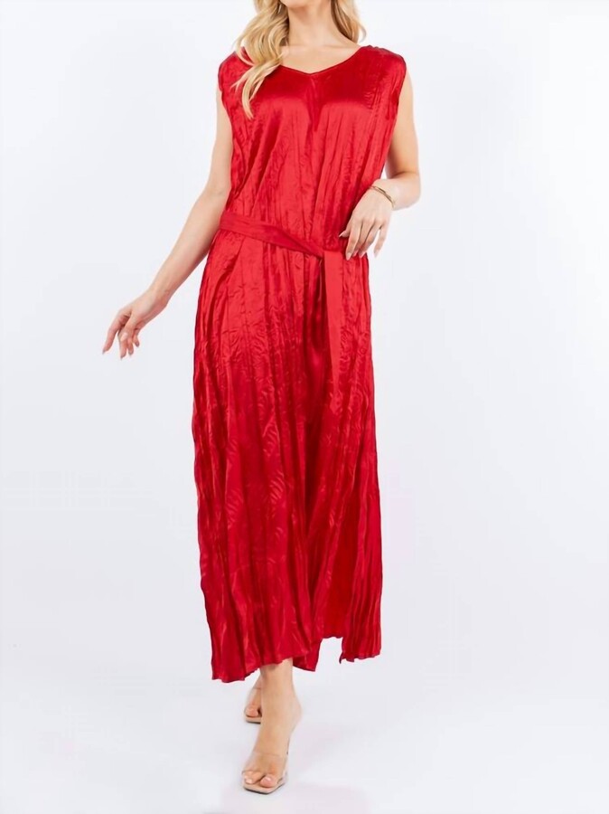 PAPARAZZI by BIZ Satin Broomstick Long Dress With Waist Tie In Red