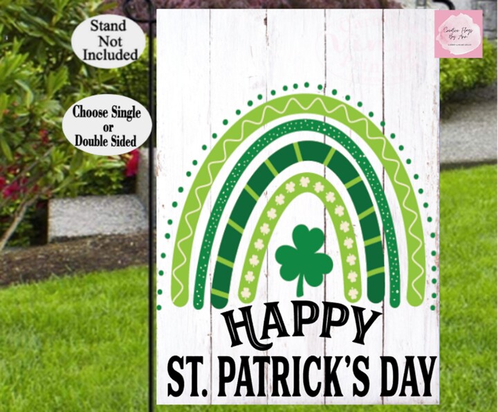 Happy St Patricks Day Garden Flag, Rainbow, Door Hanger, Spring Yard Flag, Vinyl Shamrock Saint Patrick Irish