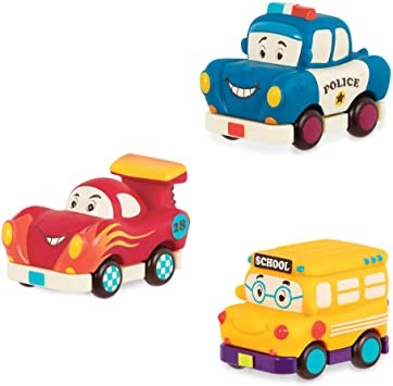 B. toys by Battat - Mini Pull-Back Vehicles Set, Bus & Cars, Multi, 3Pc Hot Rod, School Bus, Police Car