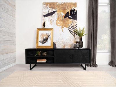 Latitude Run Modern Charcoal Black 2-Door TV Stand With Open Shelving And Hidden Storage Perfect For Organized Entertainment Spaces