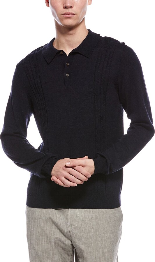 Bruno Magli Cable Front Merino Wool Polo Sweater