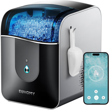 Euhomy Smart Nugget Ice Maker Countertop, Portable Sonic Ice Maker With App Control, 40lbs/24h, Ready In 8 Mins, Self-cleaning, Pebble Ice Machine With Hangi