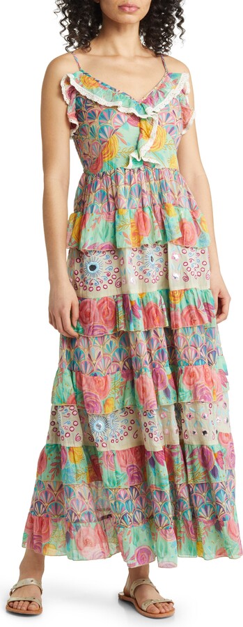 BAROK PARIS Mixed Print Tiered Cotton Maxi Dress - ShopStyle