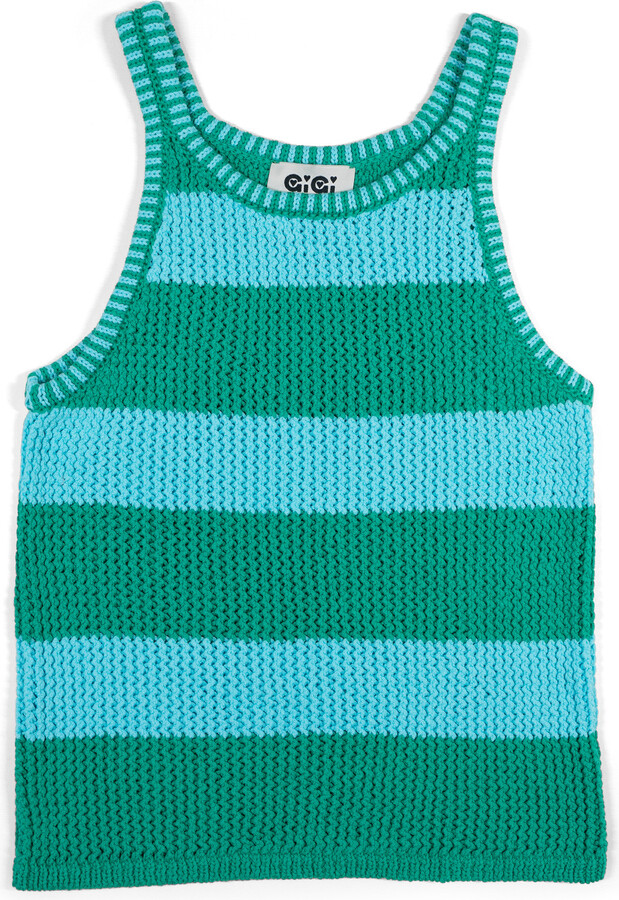 Gigi Knitwear Mesh Cotton Tank Top In Turquoise & Green Stripe