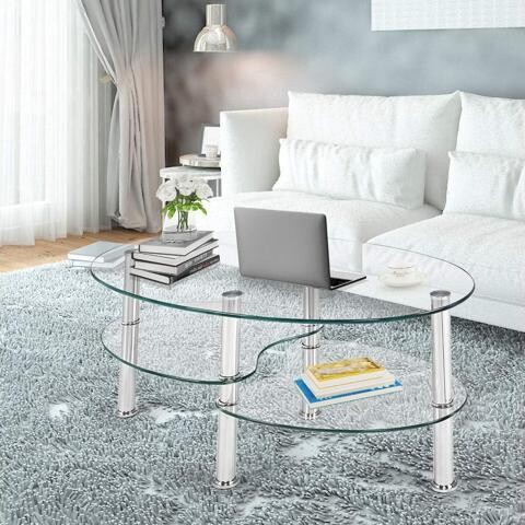 RUOCLRIS Safstar Glass Coffee Table, Modern Style Glass Shelves with Steel Legs for Living Room, Cocktail Tea Table (Clear Glass)
