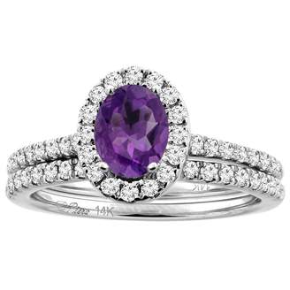 Sabrina Silver 14K White Gold Diamond Halo Natural Amethyst 2pc Engagement Ring Set Oval 7x5 mm, size 9.5