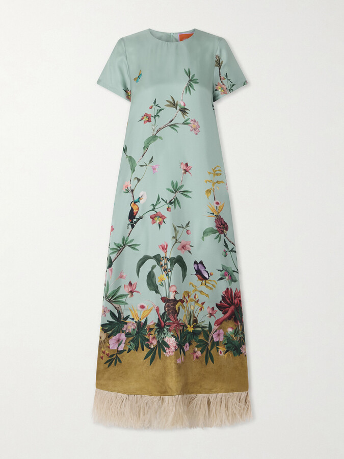 La DoubleJ Swing Feather-trimmed Printed Silk-twill Maxi Dress - Green