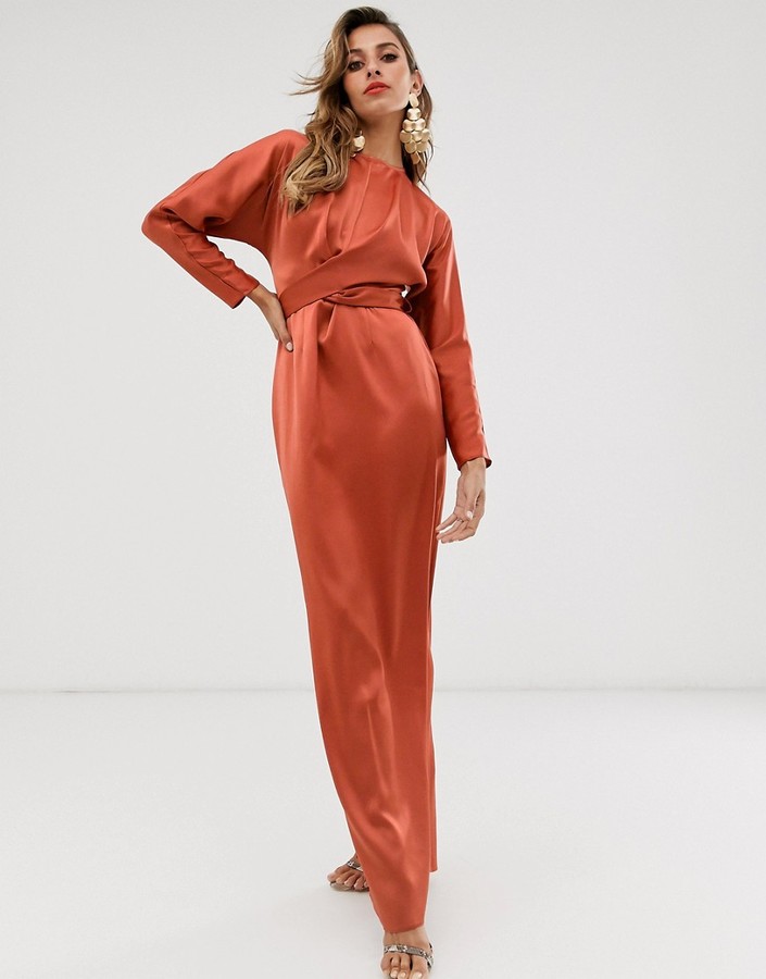 midi dress with batwing sleeve and wrap waist in satin