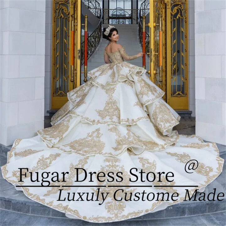 ZHUOFU White Long Sleeves Luxury Ball Gown Quinceanera Dresses Gold Appliques Lace Beads Tull Vestido De 15 Anos Sweet 16 Wear Dress