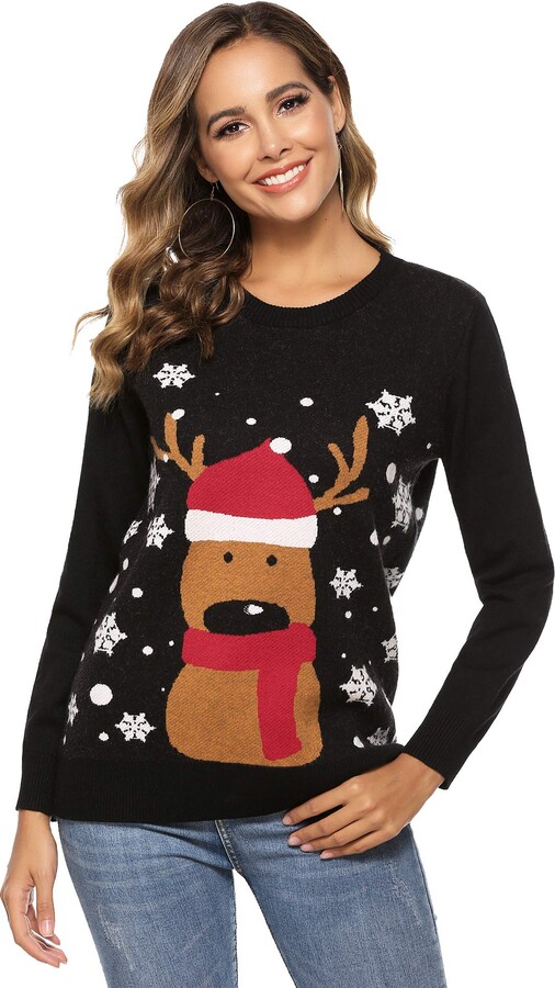 Sykooria Womens Christmas Sweater Reindeer Xmas Jumper Knitted