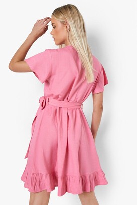 boohoo Petite Linen Look Ruffle Wrap Tea Dress