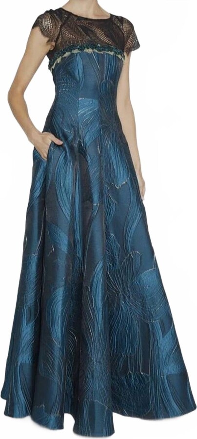 Talbot Runhof Floral Jacquard Lace-Inset Gown Dress In Galapagos