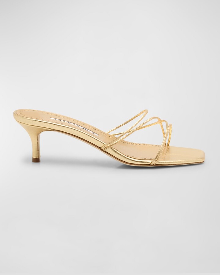 Manolo Blahnik Strappy Metallic Leather Slide Sandals