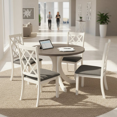 39F inc Round Breakroom Table Set with 4 Upholstered Cross Back Chairs, Compact Design