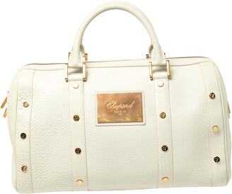Chopard Off White Pebbled Leather Studded Boston Bag