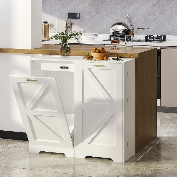 Vecelo VECELOTiltOutTrashCabinetKitchenTrashCanCabinetWithDeodorizingFunction&ChargingStationWhite
