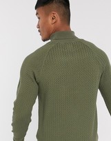 Thumbnail for your product : ASOS DESIGN knitted roll neck sweater with basket texture in khaki