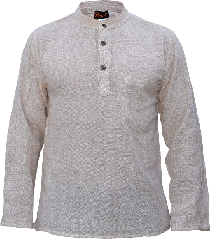 Gheri Hemp Cotton Collarless Long Sleeve Grandad Shirt Large Beige -  ShopStyle