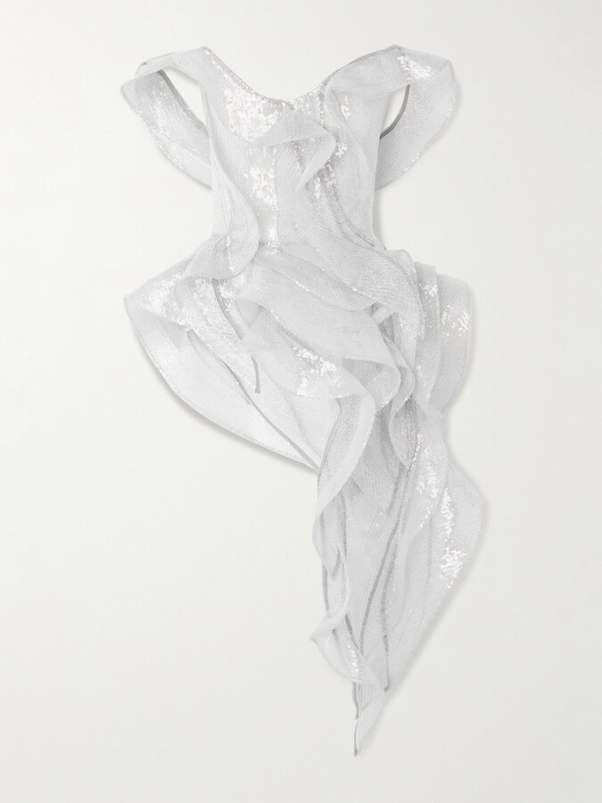 Maticevski Liora Wave Asymmetric Ruffled Sequined Mesh Top - Off-white