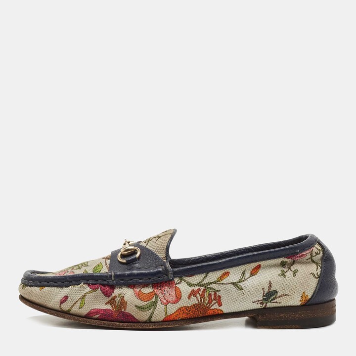 Navy Blue/White Leather Floral Print Canvas 1953 Horsebit Loafers 36 - ShopStyle