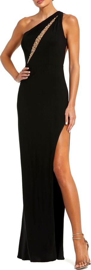 Mac Duggal One Shoulder Gown with Sheer Embellished Cut Out