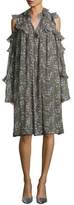 Thumbnail for your product : Robert Rodriguez Floral-Print Cold-Shoulder Silk Ruffle Dress, Olive/Blue