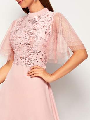 Shein Dobby Mesh Sleeve Lace Bodice Fit and Flare Dress
