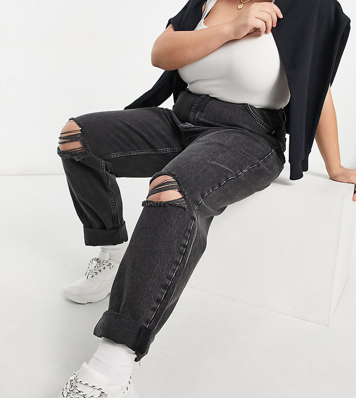 ASOS Curve ASOS DESIGN Curve high rise 'slouchy' mom jeans in washed black  with rips - ShopStyle