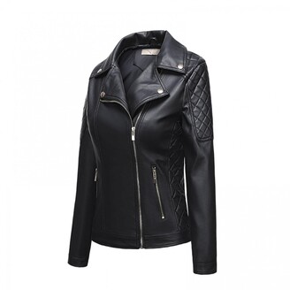 HECHU Leather Jacket Women Fashion Retro Faux Leather Zipper Moto Biker Short Slim Jacket Lapel Short Bomber Coat Jacket