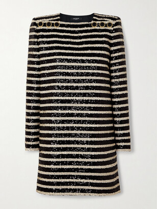 BALMAIN★素敵！Frayed Sequin Striped Pique Mini Dress BALMAIN Frayed sequin-embellished striped piqué mini dress