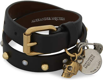 Alexander McQueen Jewelled skull and safety pin double-wrap leather bracelet