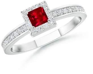 Angara.com Square Ruby Stackable Ring with Diamond Halo in 14K White Gold (3mm Ruby)