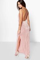 Thumbnail for your product : boohoo Lacy Strappy Drape Front Thigh Split Maxi Dress